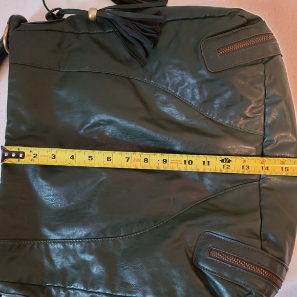 BUENO Green Slouchy Tote Bag Sz Large Vegan Leather Tassels Zippers *NOTE issues - Picture 13 of 16